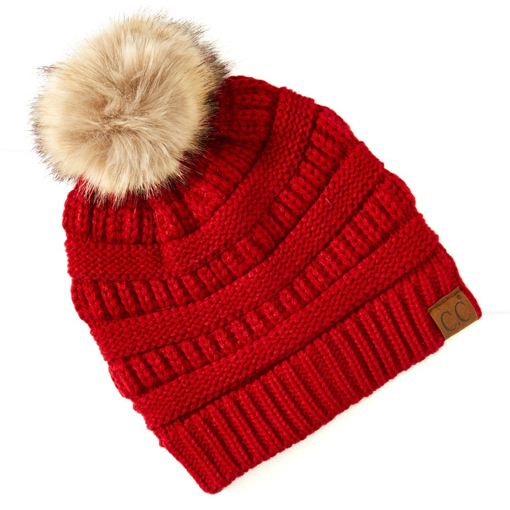 CC Red Knit Faux Fur Pom-Pom Beanie Unisex Cable Knit Slouchy Beanie